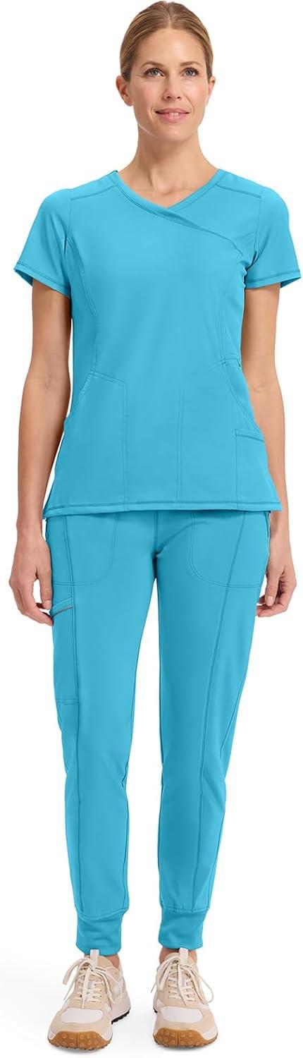 imageCherokee Infinity Womens Mock Wrap Scrub Top 4 Pockets RibKnit Panel MoistureWicking 360 Stretch 2625ATurquoise