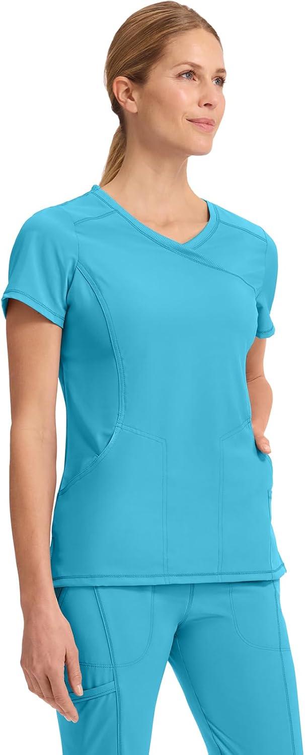 imageCherokee Infinity Womens Mock Wrap Scrub Top 4 Pockets RibKnit Panel MoistureWicking 360 Stretch 2625ATurquoise