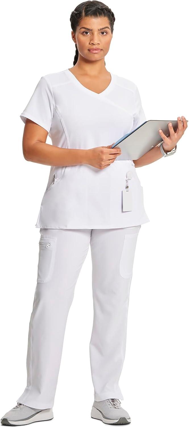 imageCherokee Infinity Womens Mock Wrap Scrub Top 4 Pockets RibKnit Panel MoistureWicking 360 Stretch 2625AWhite