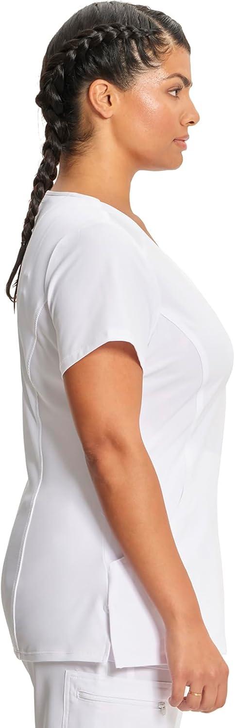 imageCherokee Infinity Womens Mock Wrap Scrub Top 4 Pockets RibKnit Panel MoistureWicking 360 Stretch 2625AWhite