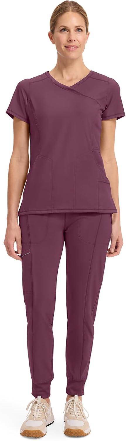 imageCherokee Infinity Womens Mock Wrap Scrub Top 4 Pockets RibKnit Panel MoistureWicking 360 Stretch 2625AWine