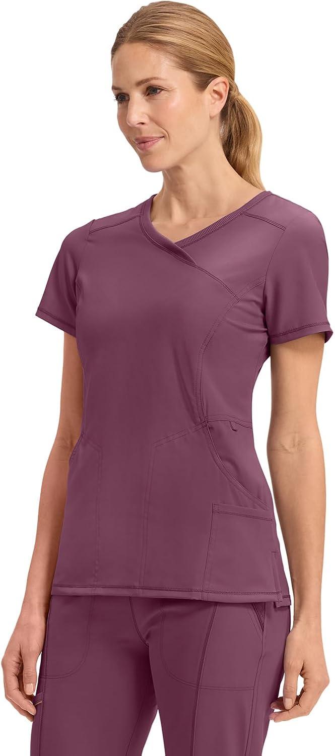 imageCherokee Infinity Womens Mock Wrap Scrub Top 4 Pockets RibKnit Panel MoistureWicking 360 Stretch 2625AWine