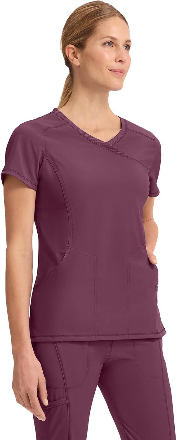 imageCherokee Infinity Womens Mock Wrap Scrub Top 4 Pockets RibKnit Panel MoistureWicking 360 Stretch 2625AWine