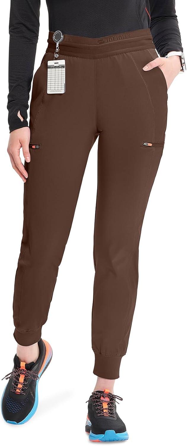 imageCherokee Infinity Womens PullOn Scrub Jogger Pants Mid Rise Bottoms 4 Pockets Elastic Waist Interior Drawstring IN122AEspresso Express