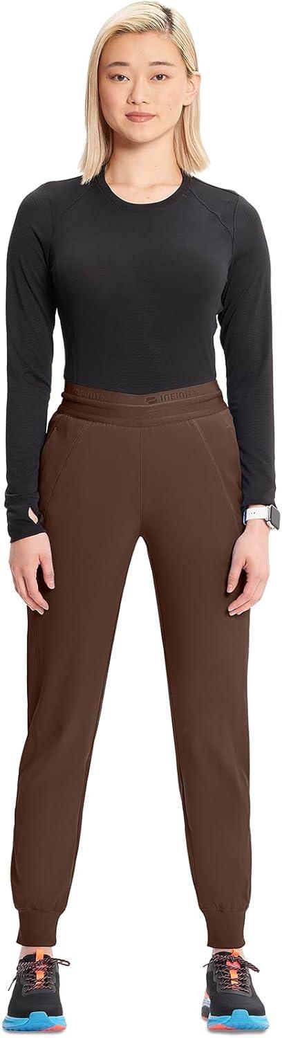 imageCherokee Infinity Womens PullOn Scrub Jogger Pants Mid Rise Bottoms 4 Pockets Elastic Waist Interior Drawstring IN122AEspresso Express