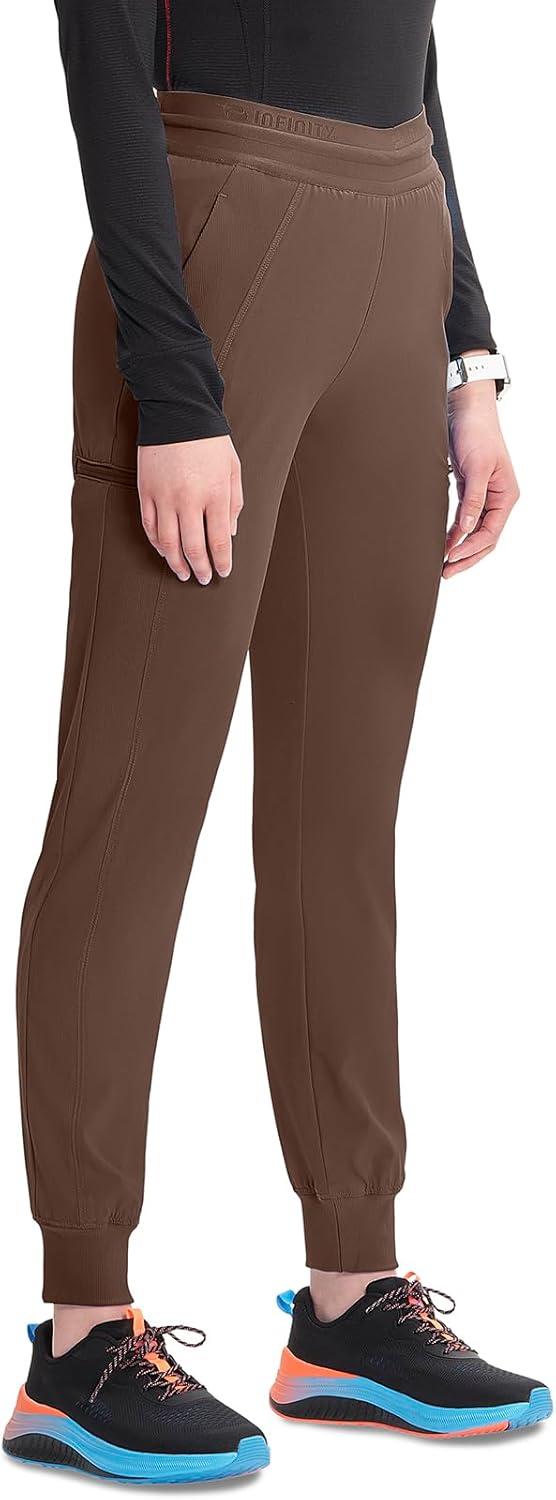 imageCherokee Infinity Womens PullOn Scrub Jogger Pants Mid Rise Bottoms 4 Pockets Elastic Waist Interior Drawstring IN122AEspresso Express