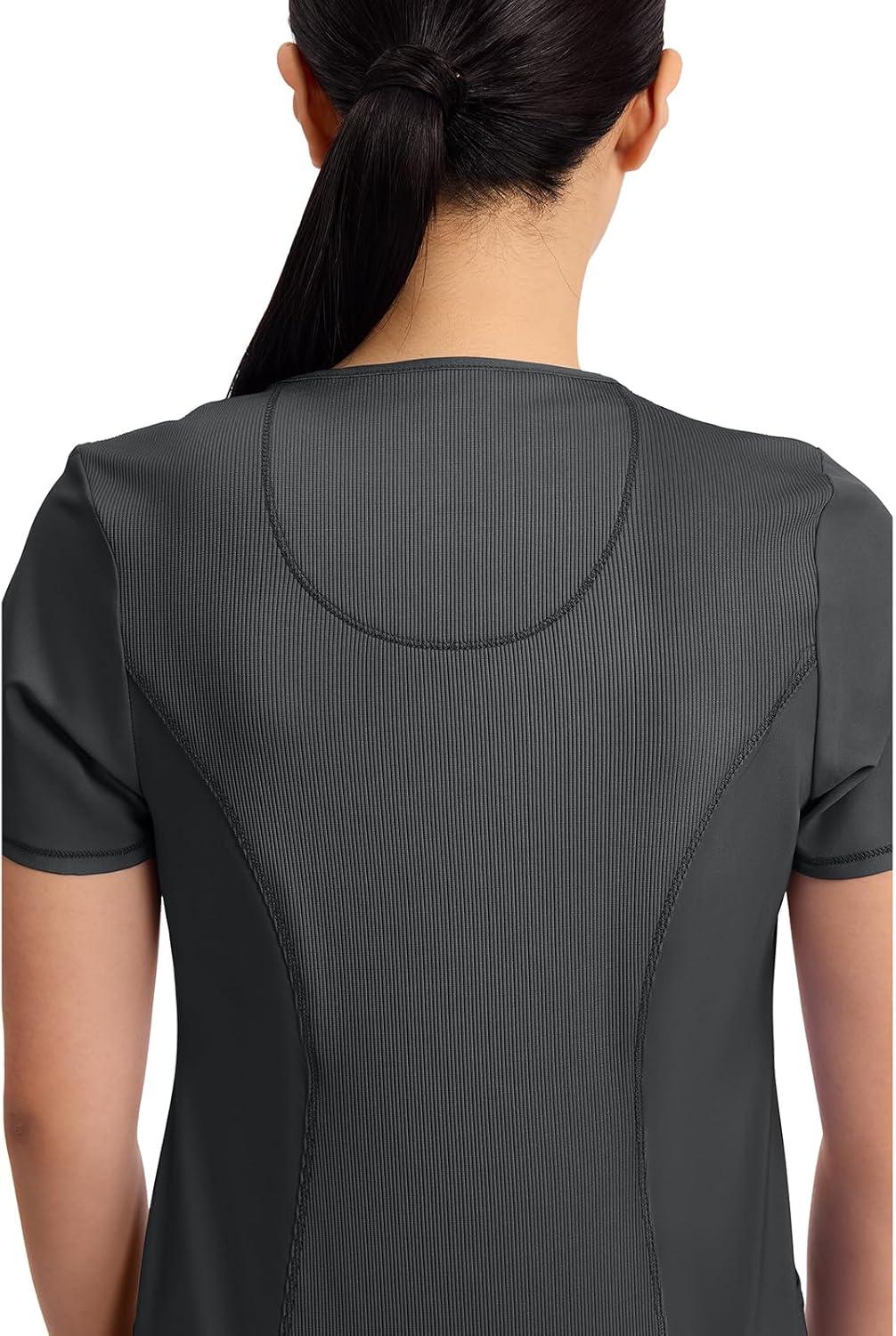 imageCherokee Infinity Womens Round Neck Scrub Top Contemporary Fit 3 Pockets RibKnit Panels 360 Stretch 2624ABlack