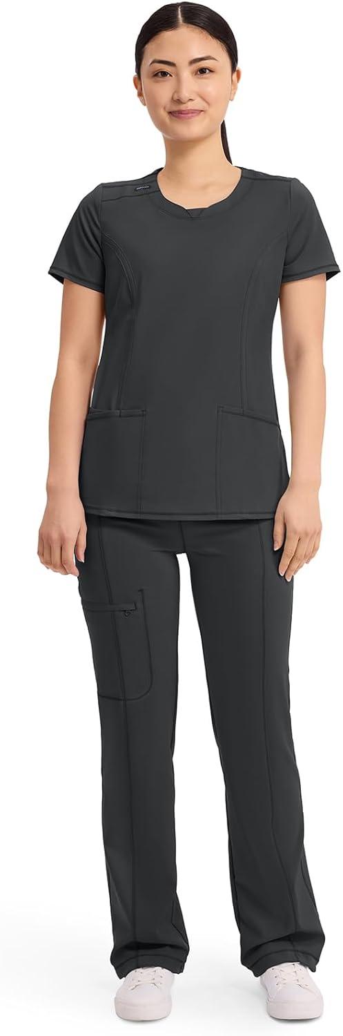 imageCherokee Infinity Womens Round Neck Scrub Top Contemporary Fit 3 Pockets RibKnit Panels 360 Stretch 2624ABlack