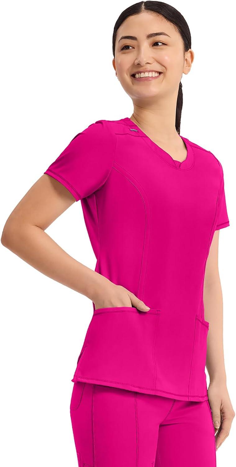imageCherokee Infinity Womens Round Neck Scrub Top Contemporary Fit 3 Pockets RibKnit Panels 360 Stretch 2624ACarmine Pink