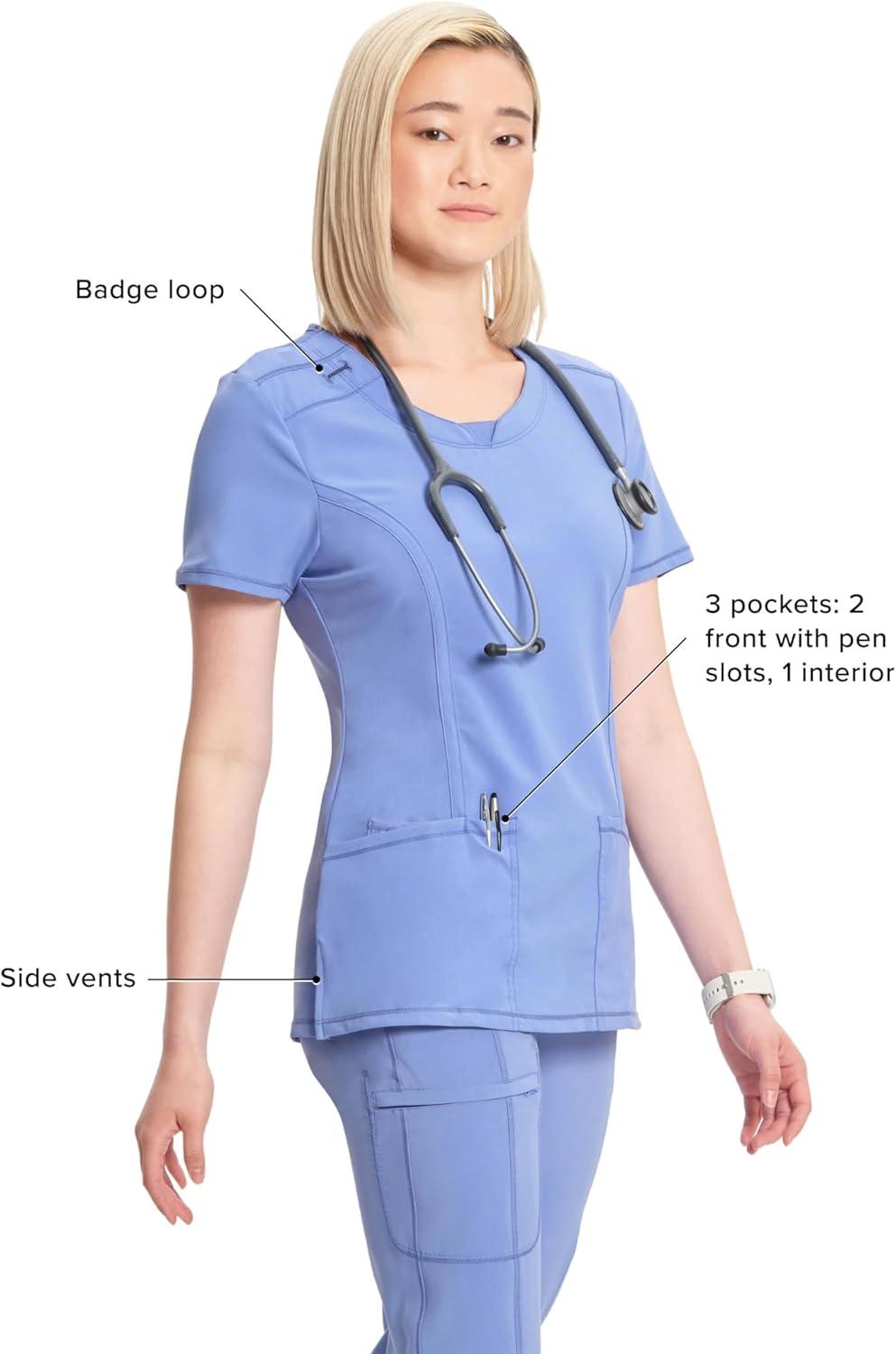 imageCherokee Infinity Womens Round Neck Scrub Top Contemporary Fit 3 Pockets RibKnit Panels 360 Stretch 2624ACiel