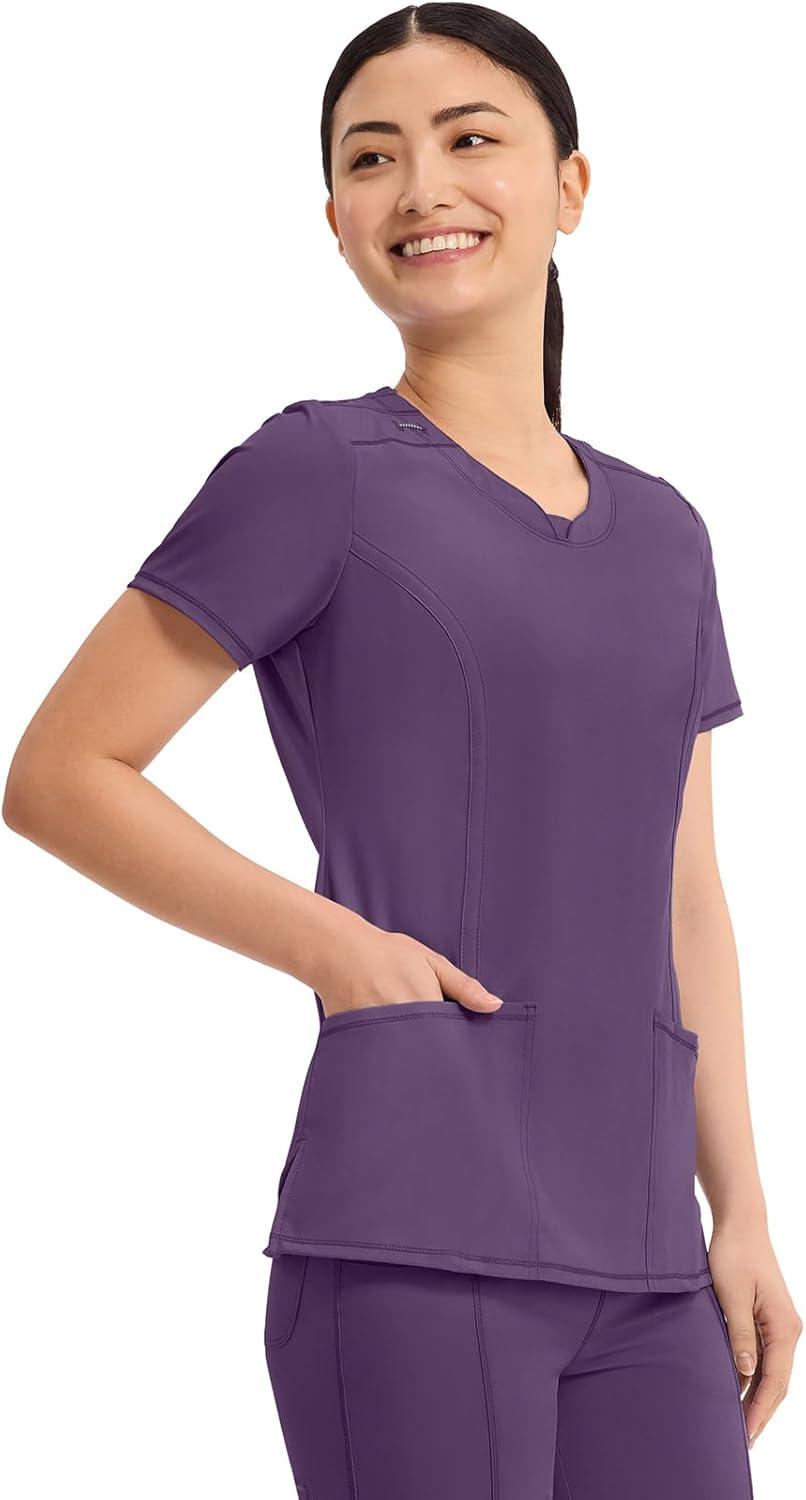 imageCherokee Infinity Womens Round Neck Scrub Top Contemporary Fit 3 Pockets RibKnit Panels 360 Stretch 2624AEggplant