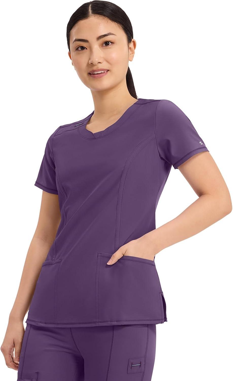 imageCherokee Infinity Womens Round Neck Scrub Top Contemporary Fit 3 Pockets RibKnit Panels 360 Stretch 2624AEggplant
