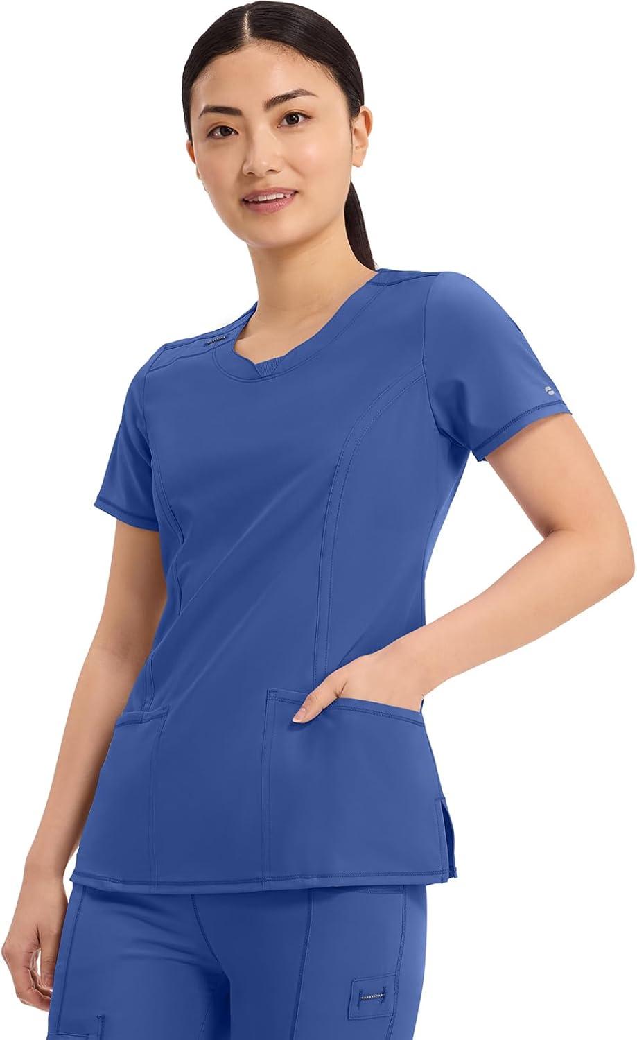 imageCherokee Infinity Womens Round Neck Scrub Top Contemporary Fit 3 Pockets RibKnit Panels 360 Stretch 2624AGalaxy Blue