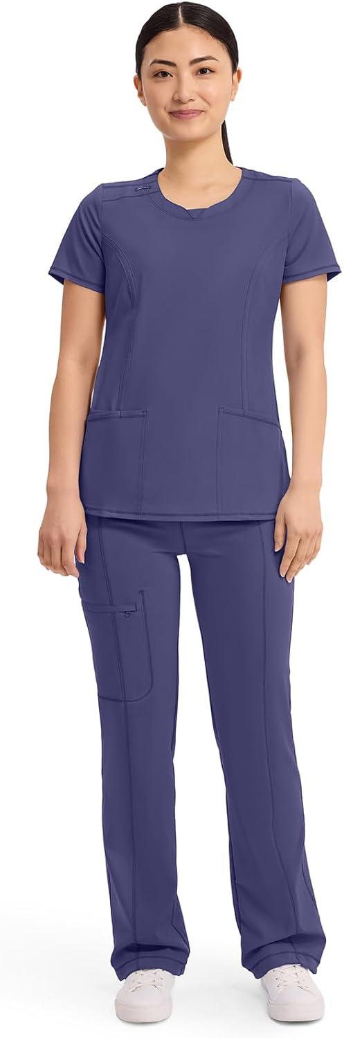 imageCherokee Infinity Womens Round Neck Scrub Top Contemporary Fit 3 Pockets RibKnit Panels 360 Stretch 2624AGrape