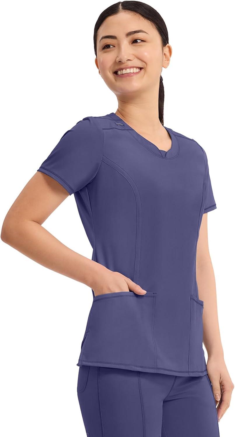 imageCherokee Infinity Womens Round Neck Scrub Top Contemporary Fit 3 Pockets RibKnit Panels 360 Stretch 2624AGrape