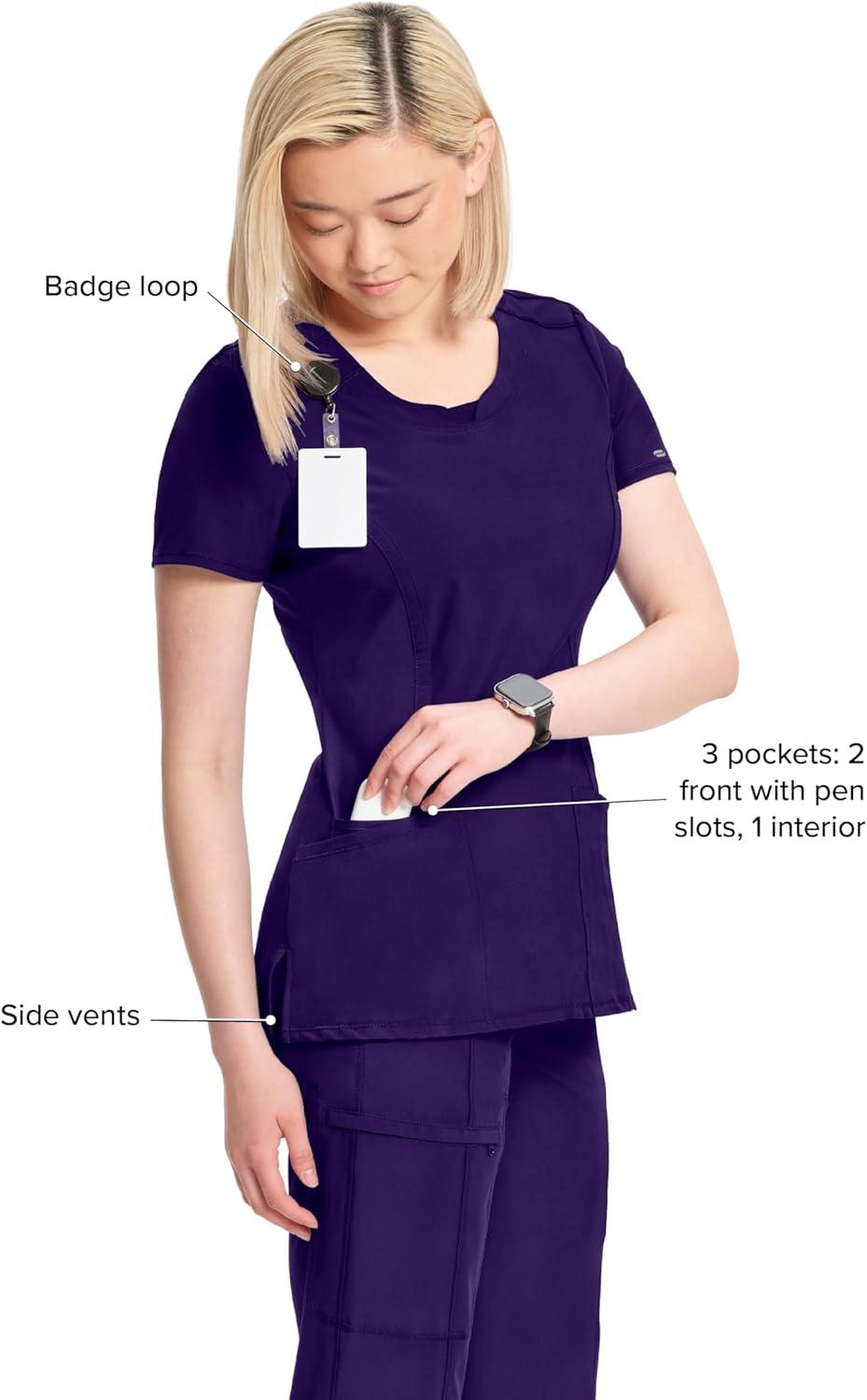 imageCherokee Infinity Womens Round Neck Scrub Top Contemporary Fit 3 Pockets RibKnit Panels 360 Stretch 2624AGrape