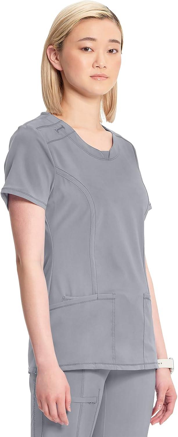 imageCherokee Infinity Womens Round Neck Scrub Top Contemporary Fit 3 Pockets RibKnit Panels 360 Stretch 2624AGrey