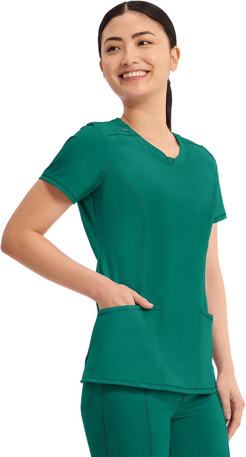imageCherokee Infinity Womens Round Neck Scrub Top Contemporary Fit 3 Pockets RibKnit Panels 360 Stretch 2624AHunter Green