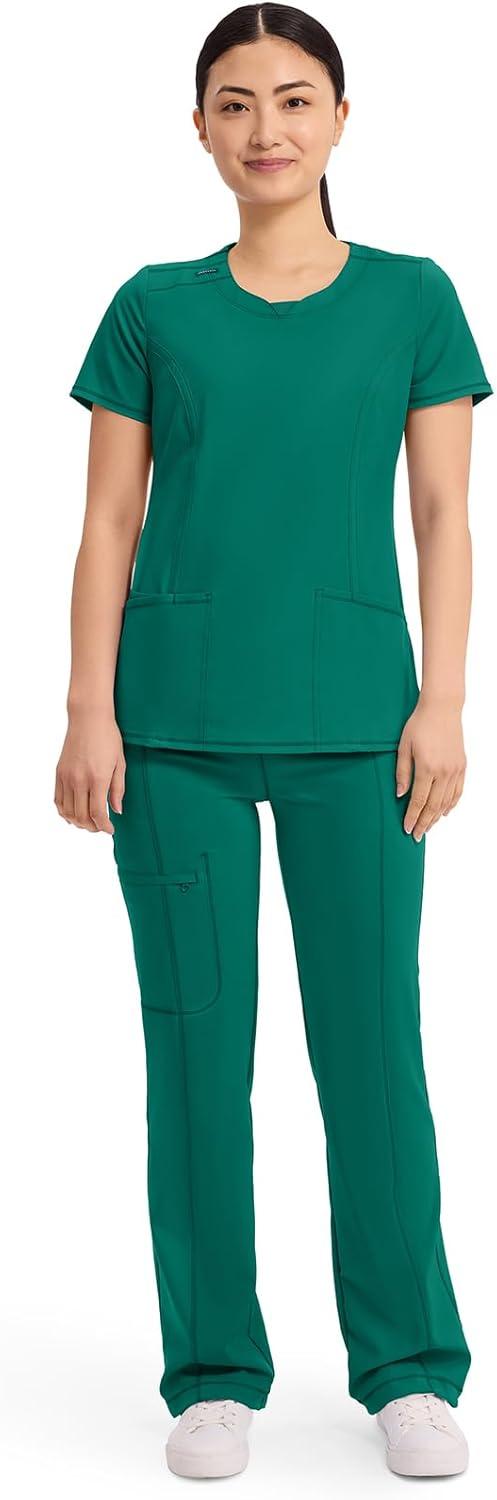 imageCherokee Infinity Womens Round Neck Scrub Top Contemporary Fit 3 Pockets RibKnit Panels 360 Stretch 2624AHunter Green