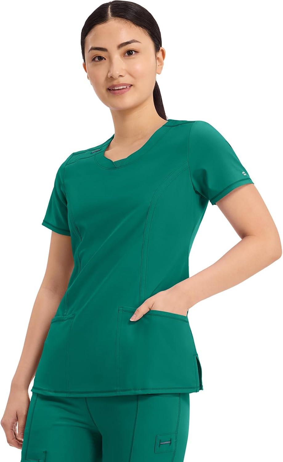 imageCherokee Infinity Womens Round Neck Scrub Top Contemporary Fit 3 Pockets RibKnit Panels 360 Stretch 2624AHunter Green
