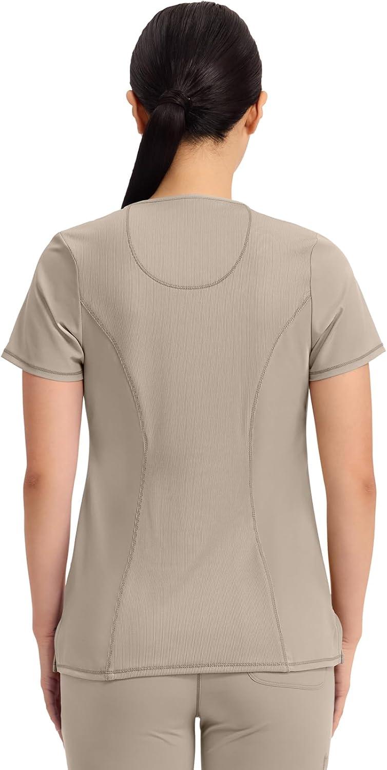 imageCherokee Infinity Womens Round Neck Scrub Top Contemporary Fit 3 Pockets RibKnit Panels 360 Stretch 2624AKhaki