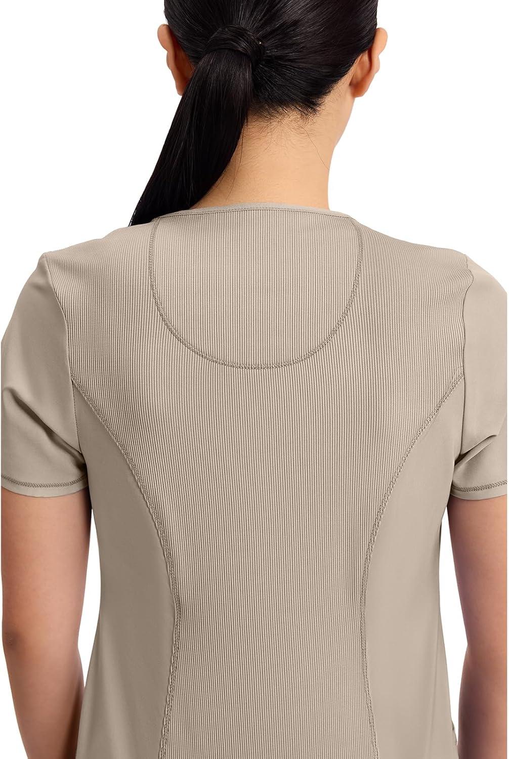 imageCherokee Infinity Womens Round Neck Scrub Top Contemporary Fit 3 Pockets RibKnit Panels 360 Stretch 2624AKhaki