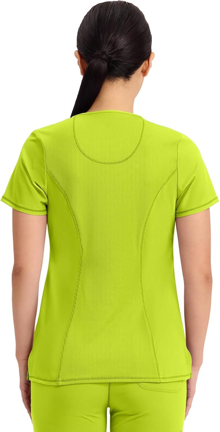 imageCherokee Infinity Womens Round Neck Scrub Top Contemporary Fit 3 Pockets RibKnit Panels 360 Stretch 2624ALime Time