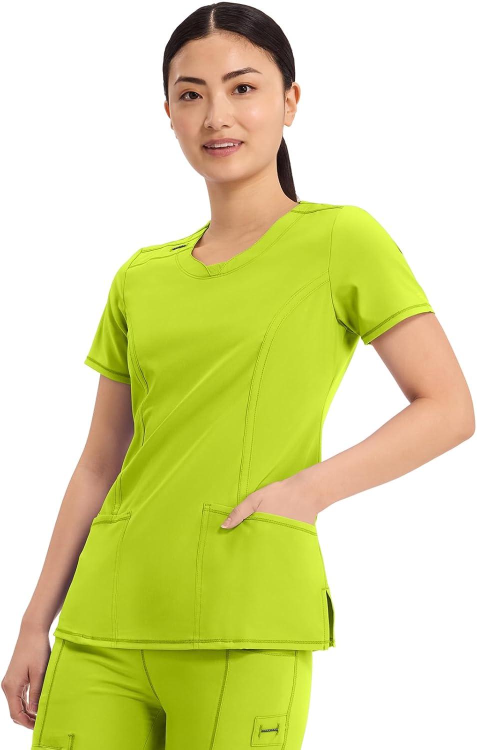 imageCherokee Infinity Womens Round Neck Scrub Top Contemporary Fit 3 Pockets RibKnit Panels 360 Stretch 2624ALime Time