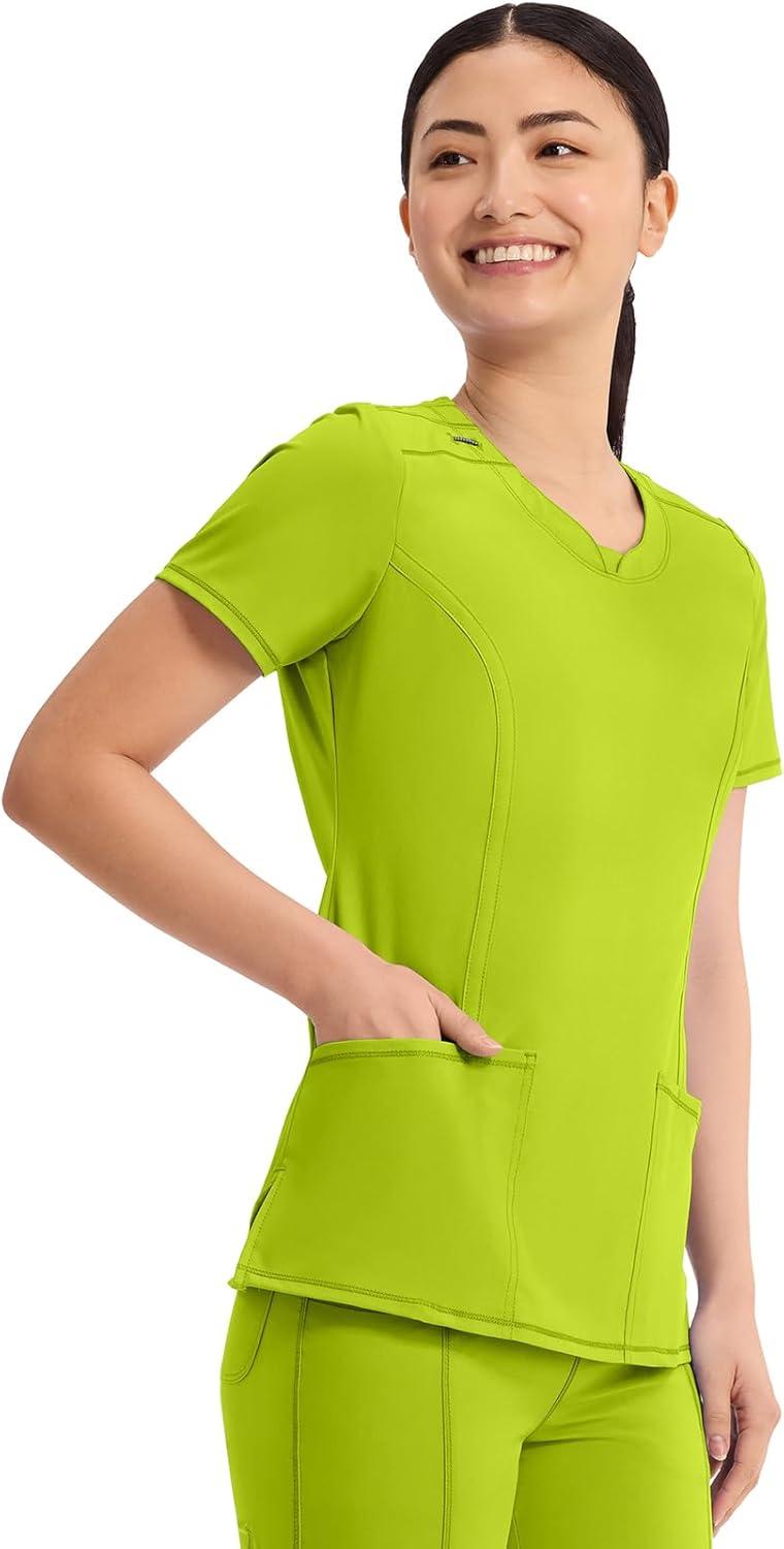 imageCherokee Infinity Womens Round Neck Scrub Top Contemporary Fit 3 Pockets RibKnit Panels 360 Stretch 2624ALime Time