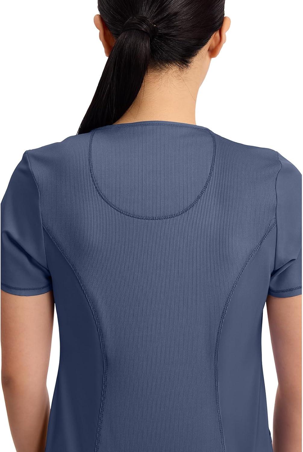 imageCherokee Infinity Womens Round Neck Scrub Top Contemporary Fit 3 Pockets RibKnit Panels 360 Stretch 2624ANavy