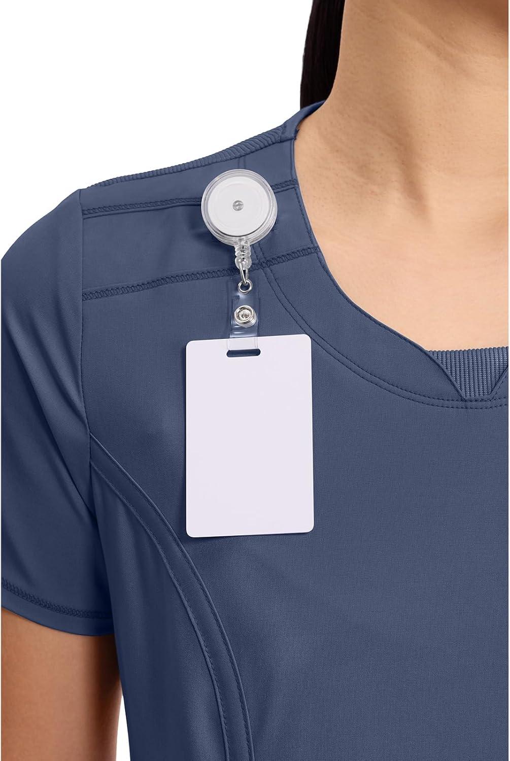 imageCherokee Infinity Womens Round Neck Scrub Top Contemporary Fit 3 Pockets RibKnit Panels 360 Stretch 2624ANavy