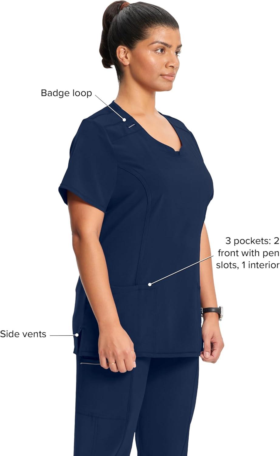 imageCherokee Infinity Womens Round Neck Scrub Top Contemporary Fit 3 Pockets RibKnit Panels 360 Stretch 2624ANavy