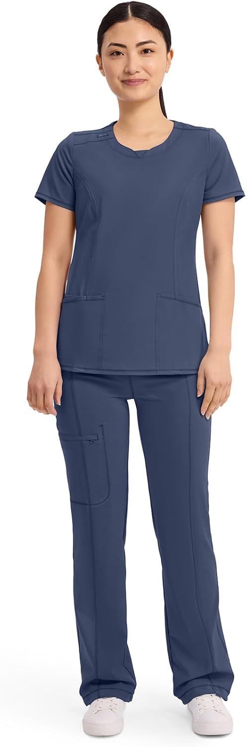 imageCherokee Infinity Womens Round Neck Scrub Top Contemporary Fit 3 Pockets RibKnit Panels 360 Stretch 2624ANavy