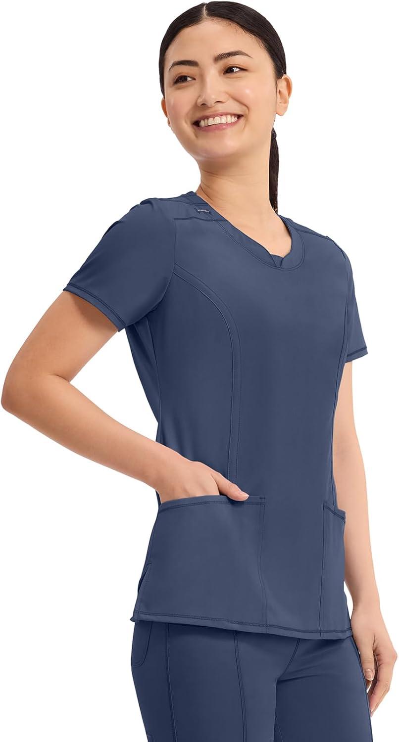 imageCherokee Infinity Womens Round Neck Scrub Top Contemporary Fit 3 Pockets RibKnit Panels 360 Stretch 2624ANavy
