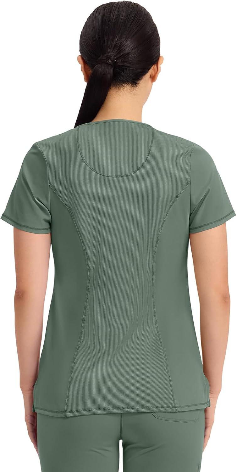 imageCherokee Infinity Womens Round Neck Scrub Top Contemporary Fit 3 Pockets RibKnit Panels 360 Stretch 2624AOlive