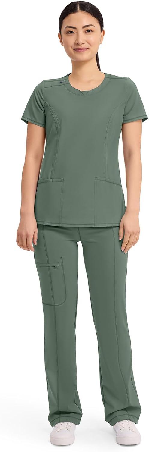 imageCherokee Infinity Womens Round Neck Scrub Top Contemporary Fit 3 Pockets RibKnit Panels 360 Stretch 2624AOlive