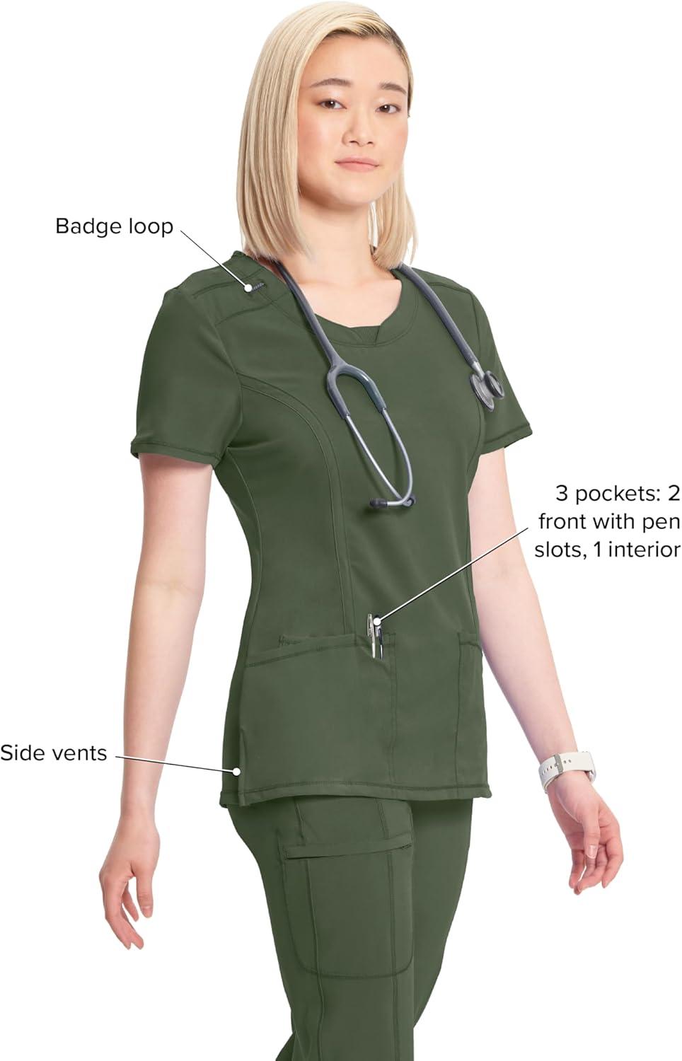 imageCherokee Infinity Womens Round Neck Scrub Top Contemporary Fit 3 Pockets RibKnit Panels 360 Stretch 2624AOlive