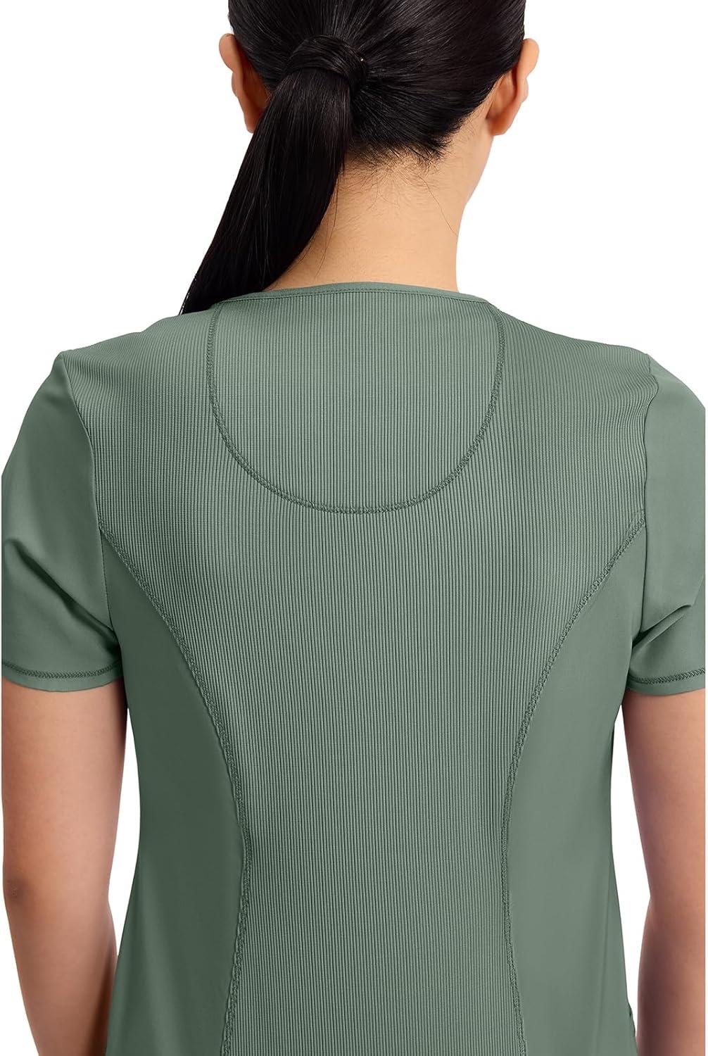 imageCherokee Infinity Womens Round Neck Scrub Top Contemporary Fit 3 Pockets RibKnit Panels 360 Stretch 2624AOlive