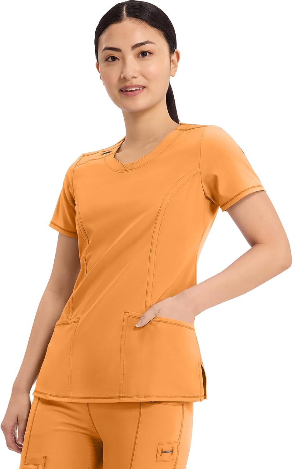 imageCherokee Infinity Womens Round Neck Scrub Top Contemporary Fit 3 Pockets RibKnit Panels 360 Stretch 2624AOrange Sunrise