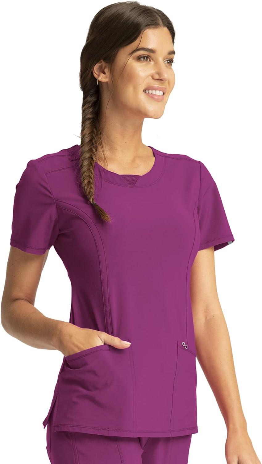 imageCherokee Infinity Womens Round Neck Scrub Top Contemporary Fit 3 Pockets RibKnit Panels 360 Stretch 2624AOrchid Flower