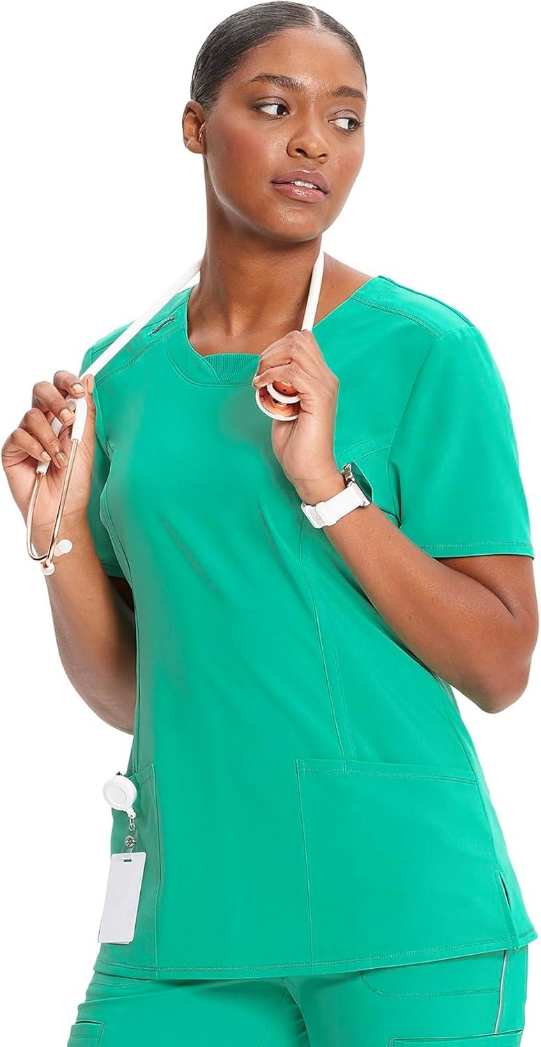 imageCherokee Infinity Womens Round Neck Scrub Top Contemporary Fit 3 Pockets RibKnit Panels 360 Stretch 2624APalm Leaf