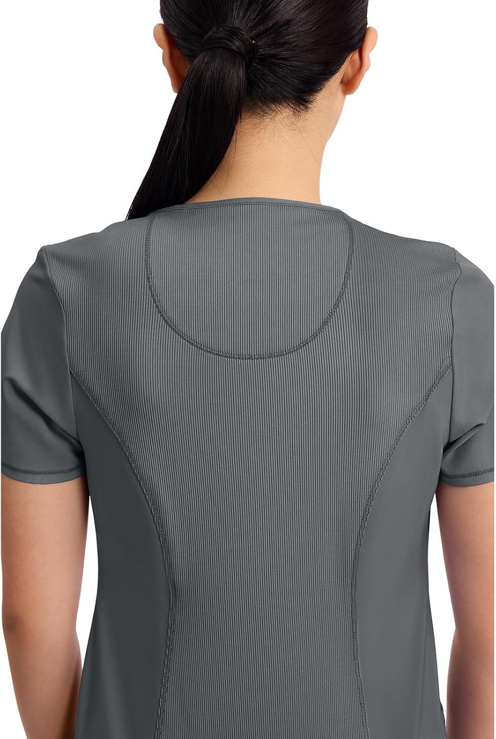 imageCherokee Infinity Womens Round Neck Scrub Top Contemporary Fit 3 Pockets RibKnit Panels 360 Stretch 2624APewter