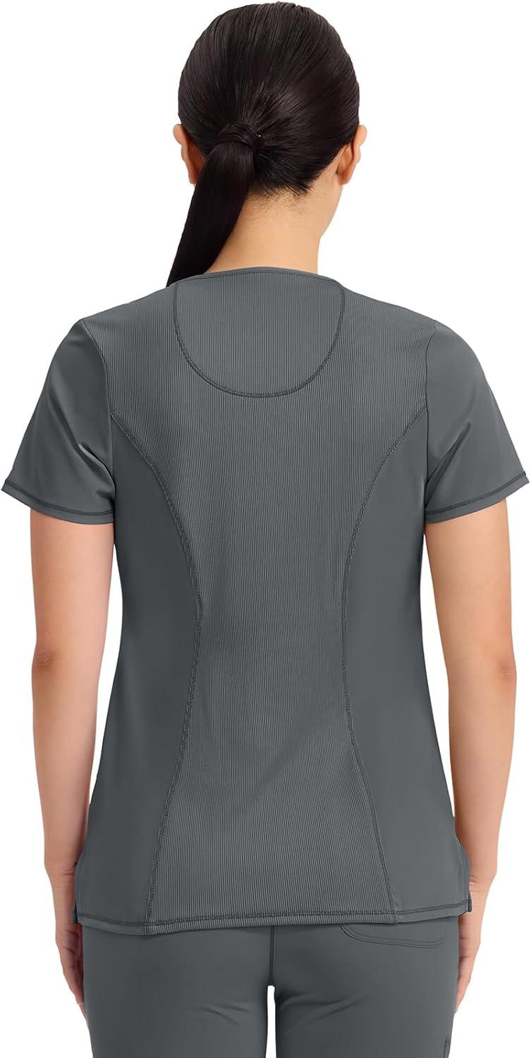 imageCherokee Infinity Womens Round Neck Scrub Top Contemporary Fit 3 Pockets RibKnit Panels 360 Stretch 2624APewter