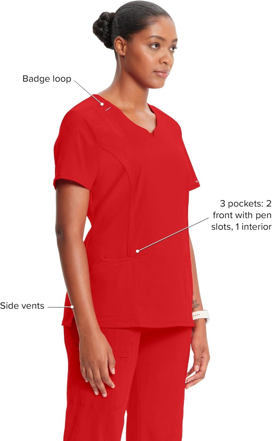 imageCherokee Infinity Womens Round Neck Scrub Top Contemporary Fit 3 Pockets RibKnit Panels 360 Stretch 2624ARed
