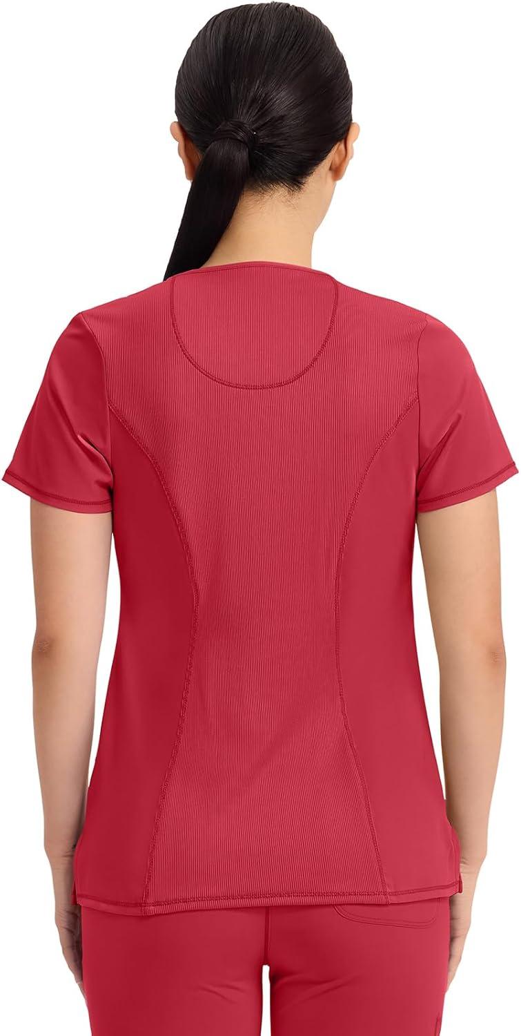 imageCherokee Infinity Womens Round Neck Scrub Top Contemporary Fit 3 Pockets RibKnit Panels 360 Stretch 2624ARed