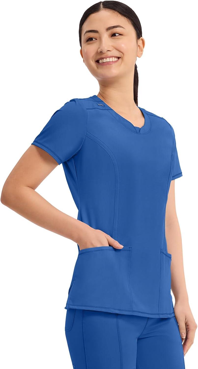 imageCherokee Infinity Womens Round Neck Scrub Top Contemporary Fit 3 Pockets RibKnit Panels 360 Stretch 2624ARoyal