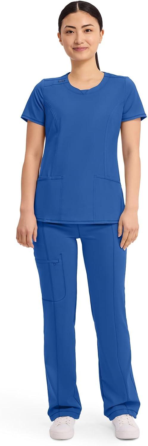 imageCherokee Infinity Womens Round Neck Scrub Top Contemporary Fit 3 Pockets RibKnit Panels 360 Stretch 2624ARoyal