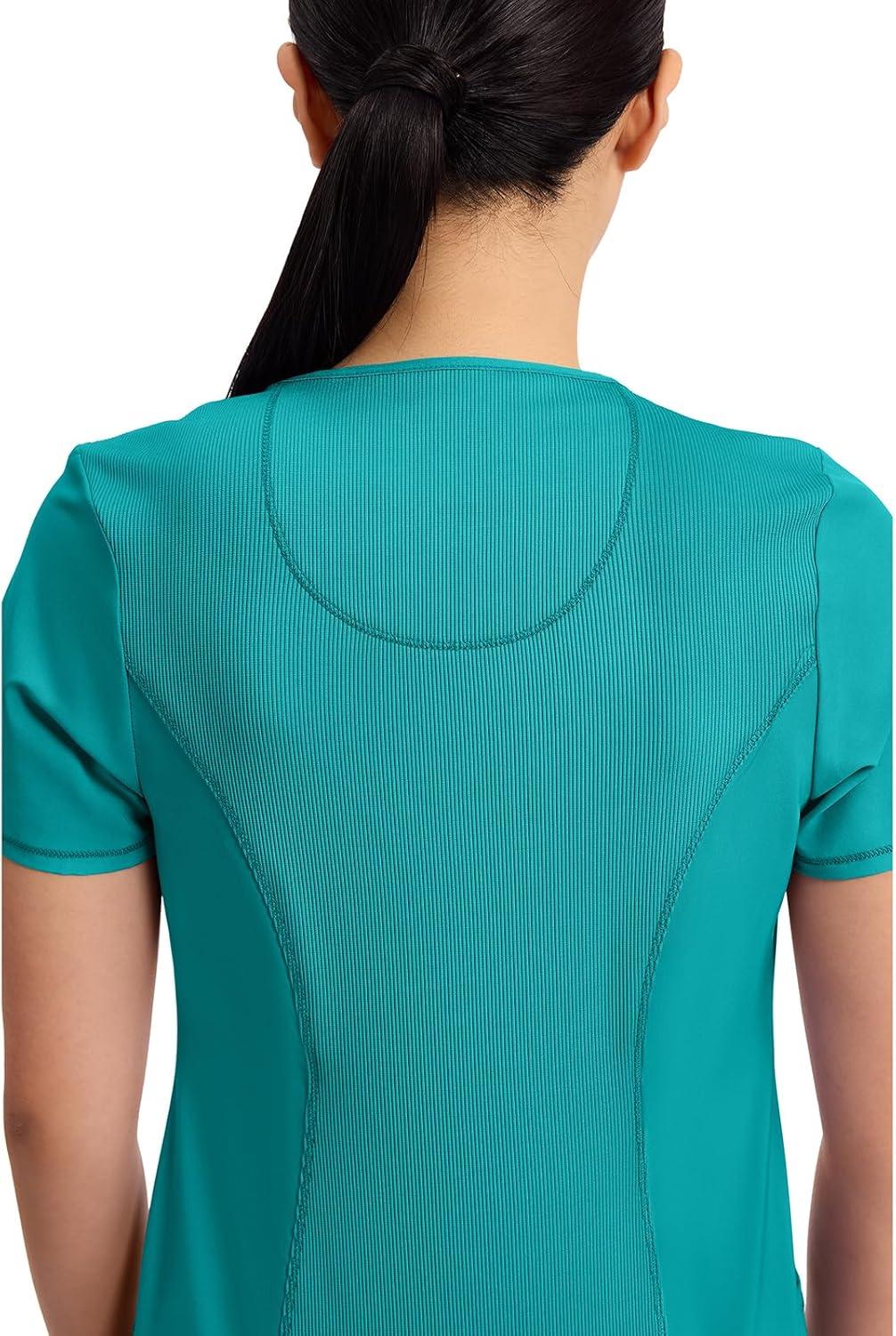 imageCherokee Infinity Womens Round Neck Scrub Top Contemporary Fit 3 Pockets RibKnit Panels 360 Stretch 2624ATeal Blue