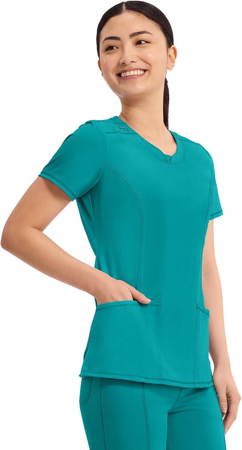 imageCherokee Infinity Womens Round Neck Scrub Top Contemporary Fit 3 Pockets RibKnit Panels 360 Stretch 2624ATeal Blue