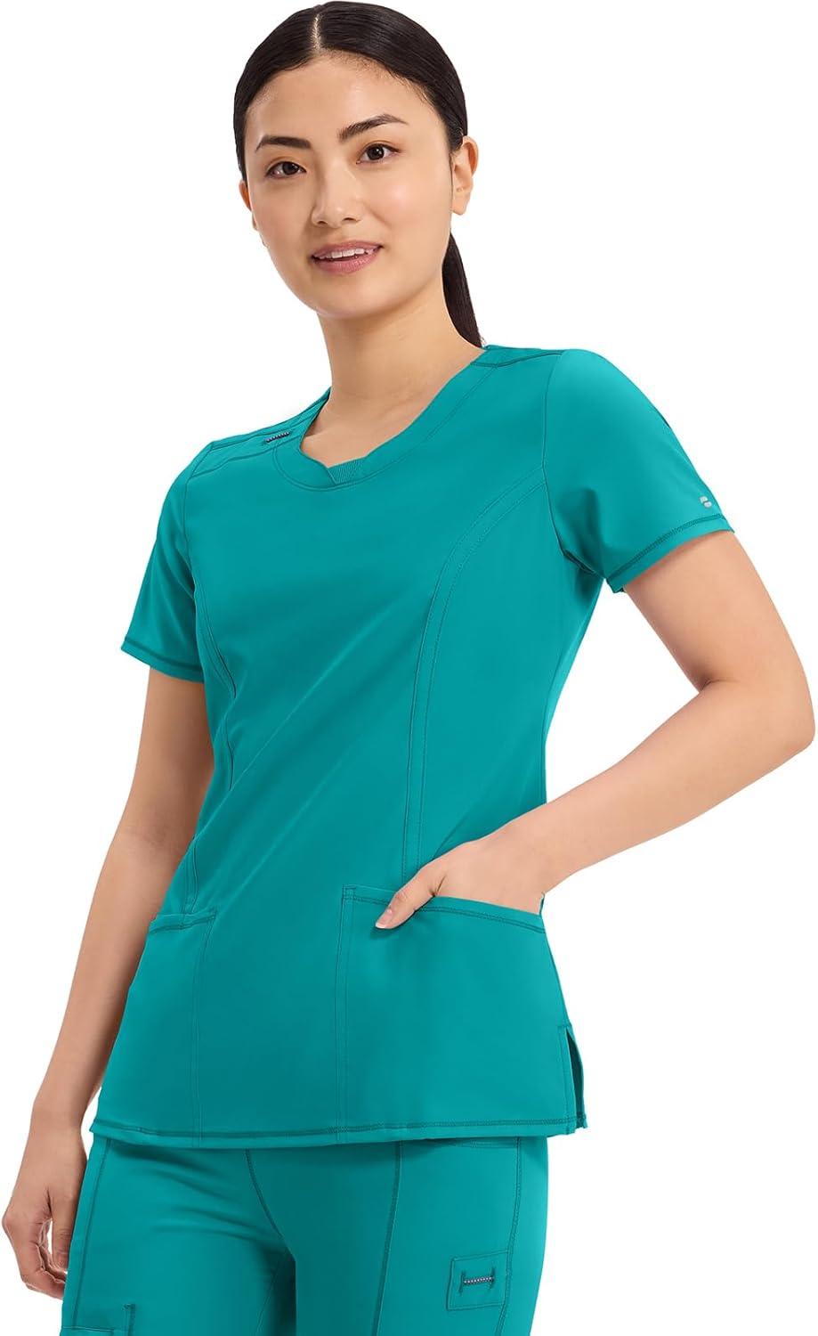 imageCherokee Infinity Womens Round Neck Scrub Top Contemporary Fit 3 Pockets RibKnit Panels 360 Stretch 2624ATeal Blue